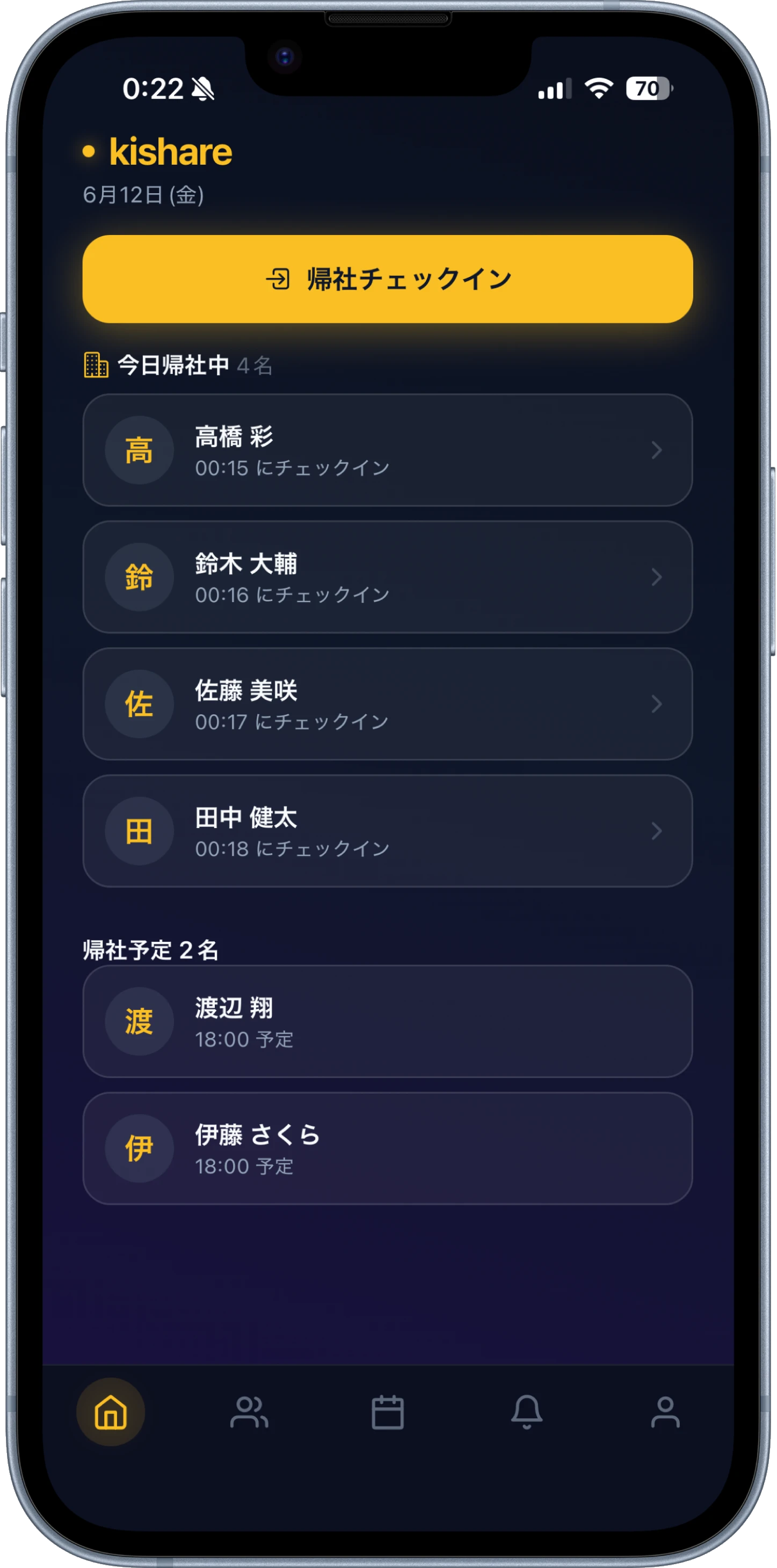 kishare アプリのホーム画面。チェックインと今日の出社メンバー。